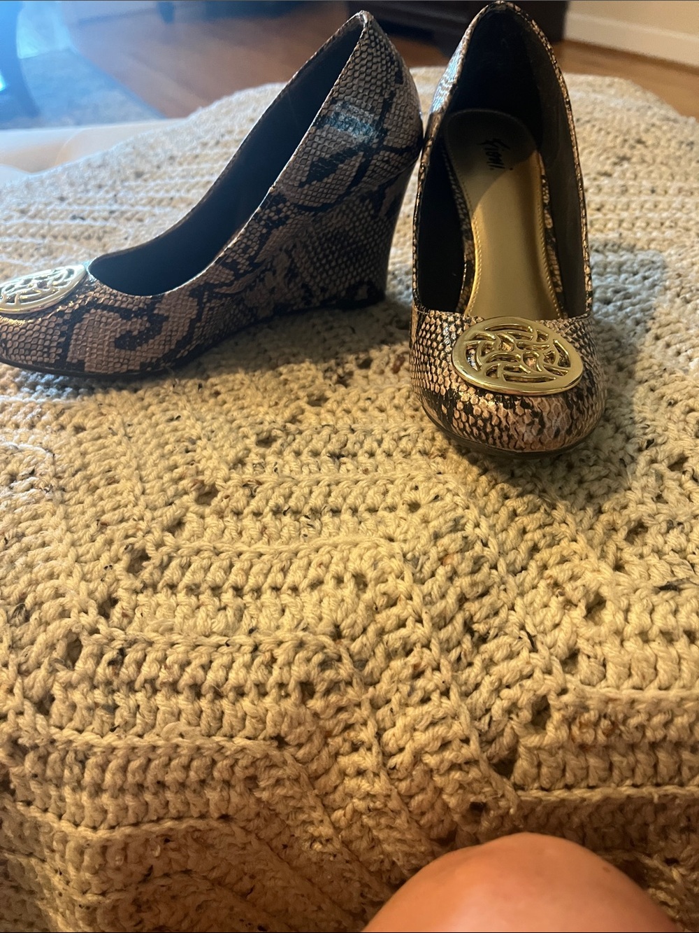 Snake-Print Wedge Pumps with Gold Medallion - Pink/Brown